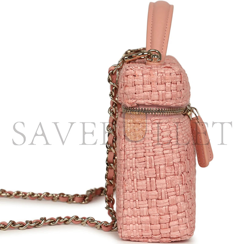 CHANEL TOP HANDLE LONG VANITY CASE WITH CHAIN LIGHT PINK BRAIDED RAFFIA LIGHT GOLD HARDWARE AP4385 (19.5*17*5cm) 